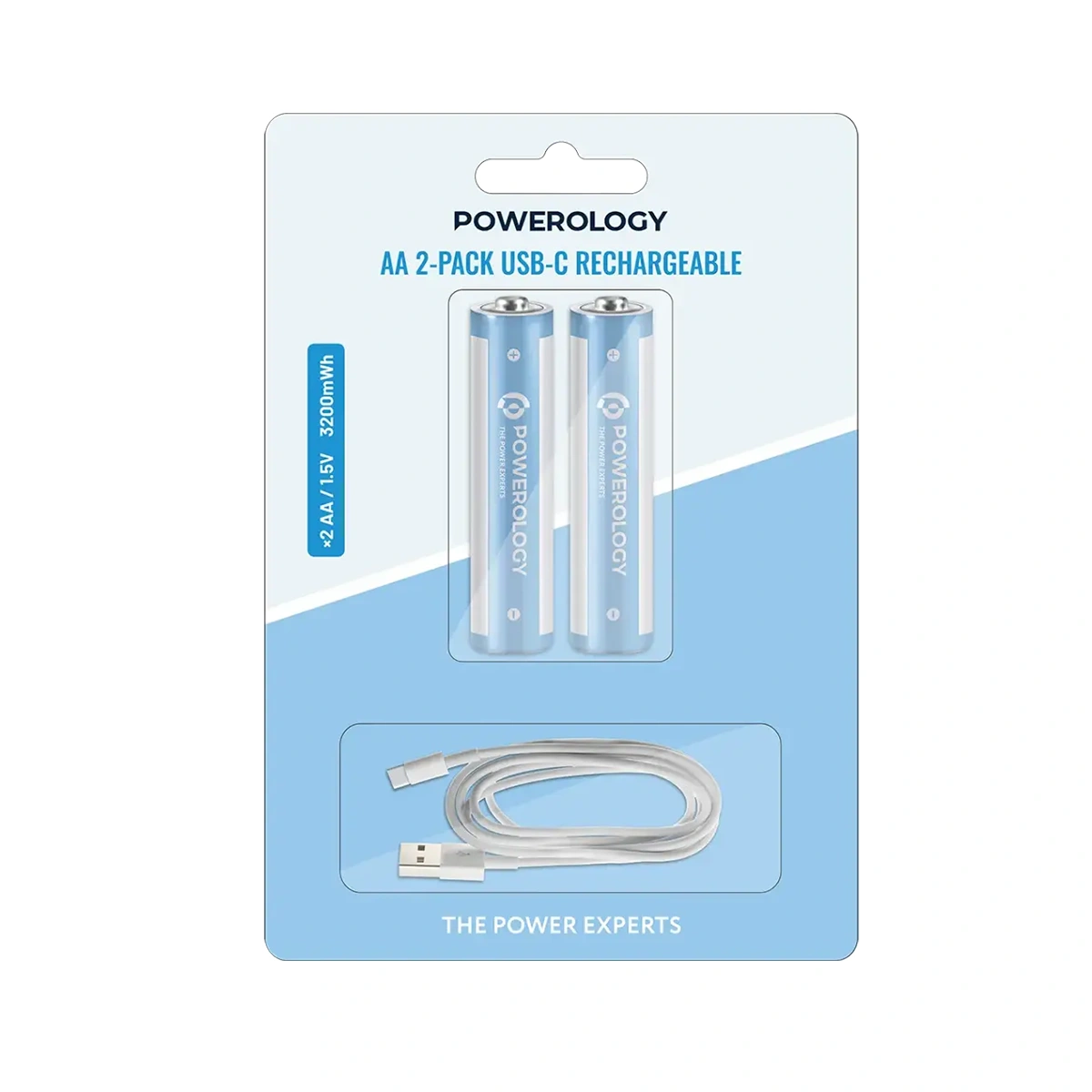 PWAA322.webp باتری شارژی قلمی پاورولوژی AA بسته 2 عددی با درگاه USB-C - Image 1