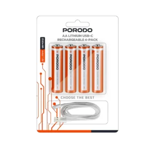 باتری قلمی شارژی لیتیوم پرودو AA با شارژ USB-C – پک ۴ عددی